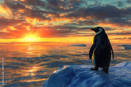 An adorable penguin standing on an iceberg photo