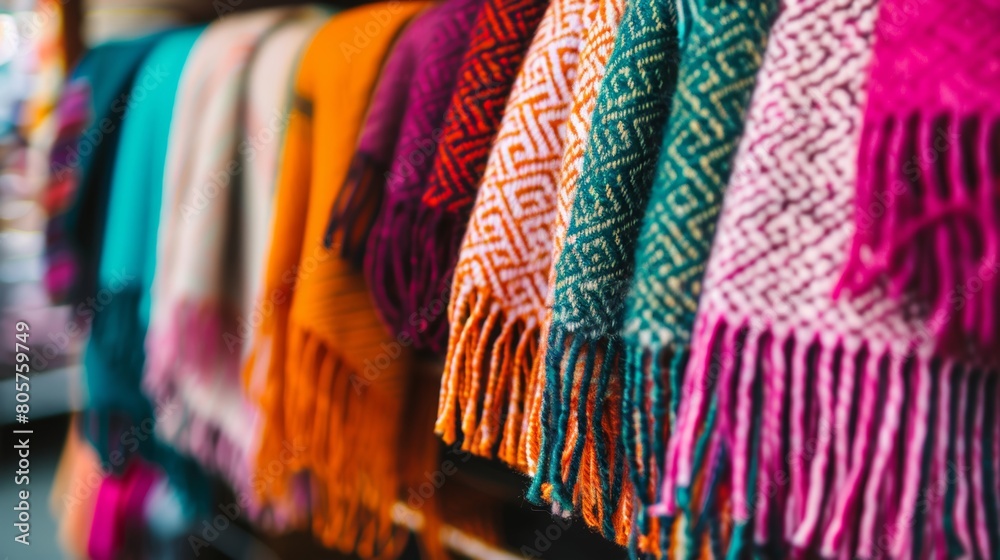 A row of vibrant scarves hanging neatly on a rack, showcasing a variety of colors and patterns