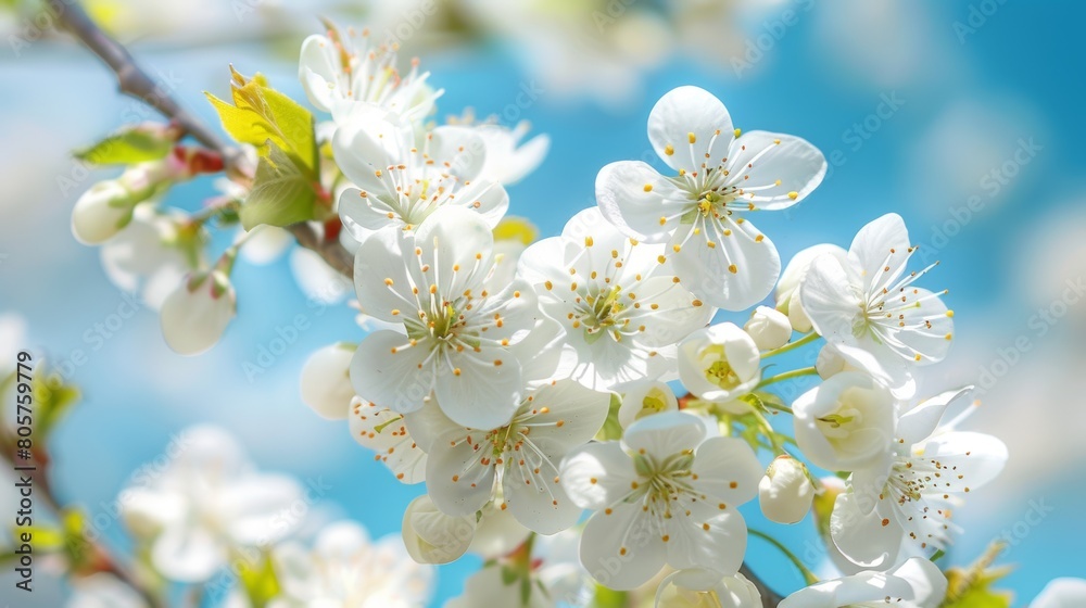 Detailed view of white flowers blooming on a tree branch, with a blurred background