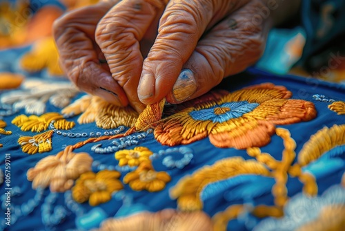 close-up of the hands of a master working on satin stitch embroidery. Modern ethnic folk embroidery, traditional embroidery . historical and national crafts.