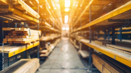 A warehouse stacked with numerous wooden beams used for construction projects