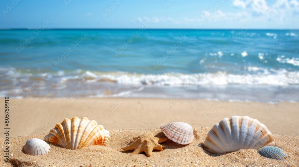 Three seashells rest on a sandy beach with the ocean in the background Three seashells rest on a sandy beach with the ocean in the background