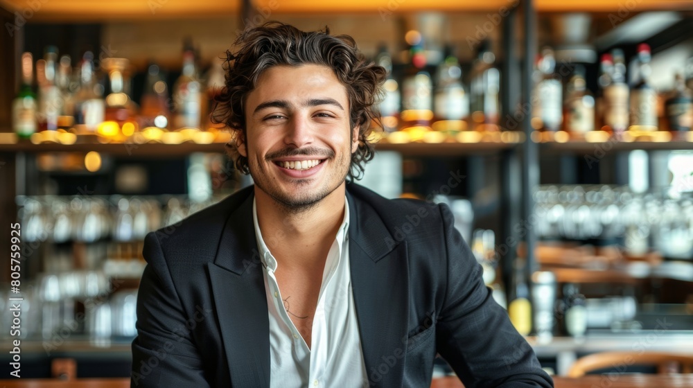 Obraz premium A stylish young businessman sitting at a bar, smiling for the camera