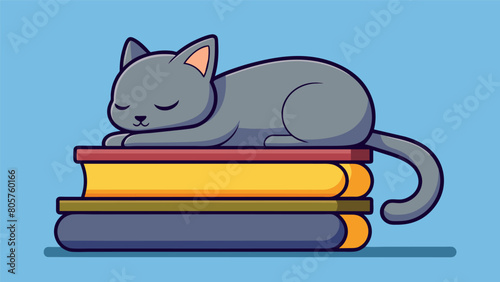 A small grey cat snoozing atop a pile of hardcovers its tail twitching occasionally as it dreams of chasing mice in the bookish world.. Vector illustration
