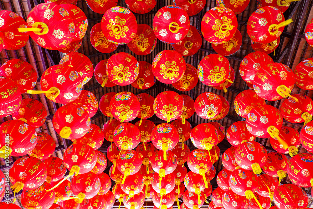 chinese style lantern Decorate the ceiling of a building in a Buddhist temple, Thailand.