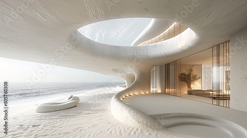 a vertical internal circular cylindre corridor with minimalist space, an ogive circular roof ,white sand photo