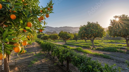 A vibrant orange grove basks in the warm glow of late afternoon, as ripe oranges dangle from lush trees under clear blue skies