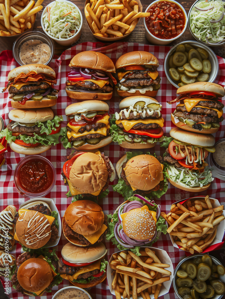 An array of gourmet burgers, topped and paired with sides of golden fries, pickles. 