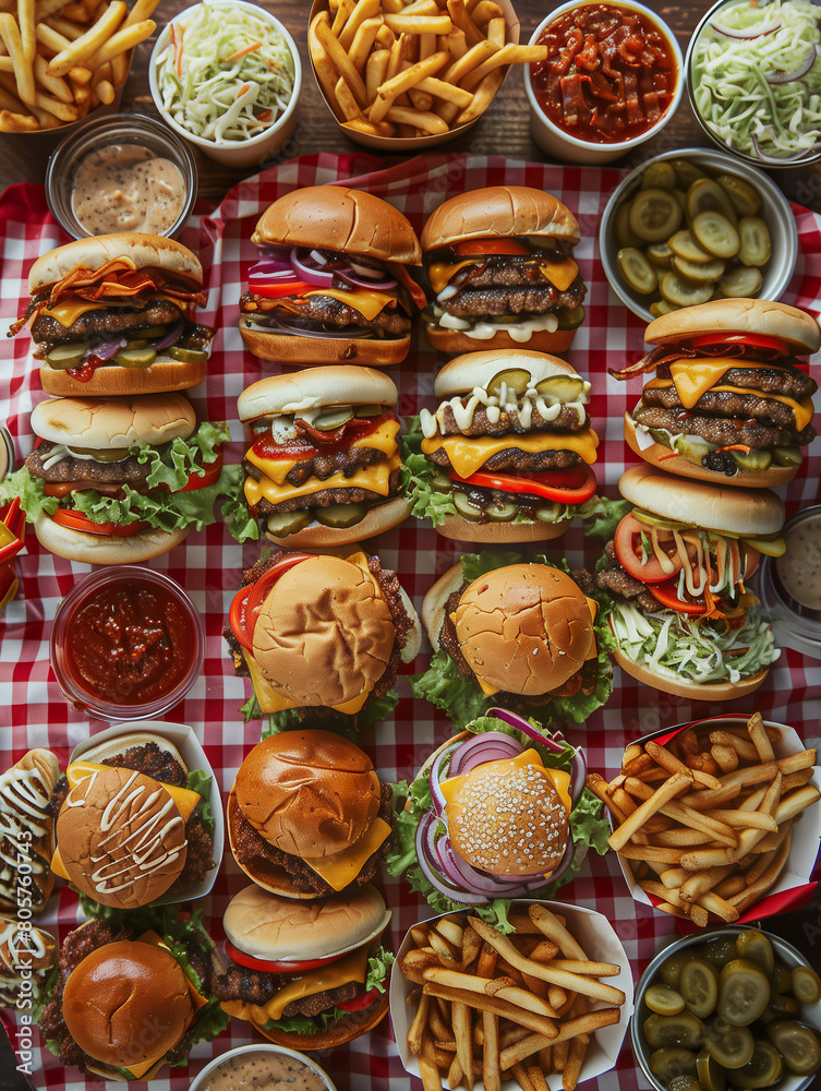 An array of gourmet burgers, topped and paired with sides of golden fries, pickles. An array of gourmet burgers, topped and paired with sides of golden fries, pickles.