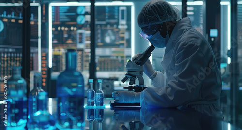 an advanced laboratory where scientists in white coats and protective gear work with microscopes, test tubes filled with blue liquid on the tables.