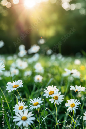 A spring meadow filled with daisies provides a beautiful sunny day background.