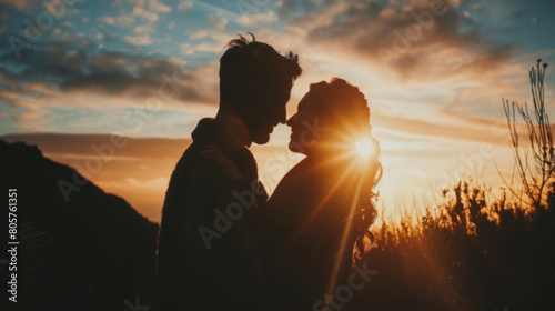 A silhouette of a couple in love at sunset, embracing and looking into each other's eyes, captures a romantic concept under golden hour lighting. photo