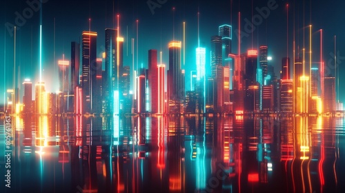 An abstract city skyline at night  where buildings are reduced to glowing lines of neon light  reflected in the water below  suggesting the energy and mystery of urban life.