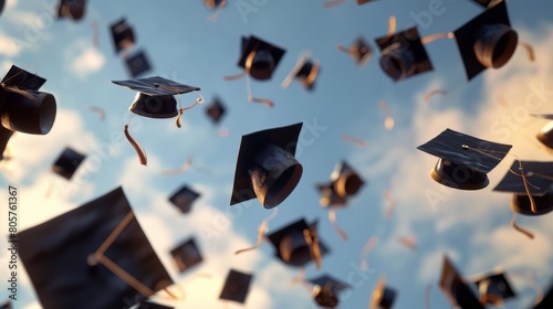 Graduation caps and tassels being tossed into the air at graduation ceremony