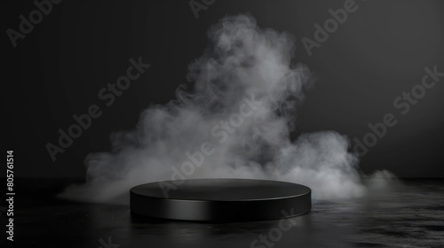 Wallpaper Mural A black podium with smoke creates a minimalist scene for product presentation, featuring a round pedestal in a foggy or cloudy environment. Torontodigital.ca