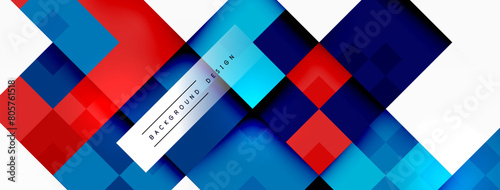 An artistic composition featuring a colorful blend of red, blue, and white geometric shapes like squares and rectangles, creating a vibrant and eyecatching abstract background