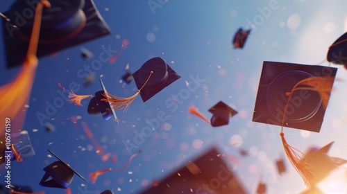 Graduation caps and tassels being tossed into the air at graduation ceremony