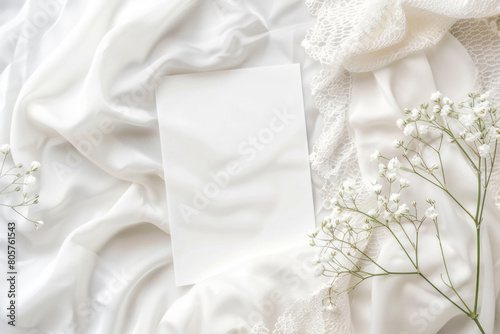 A blank white card lies on a table adorned with baby's breath flowers and a touch of delicate lace fabric, set against a white silk cloth backdrop. photo