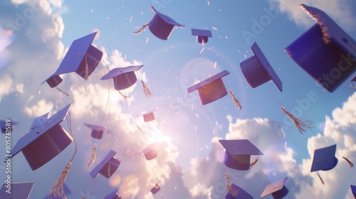 Graduation caps and tassels being tossed into the air at graduation ceremony
