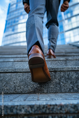 A businessman in a suit and shoes ascends the stairs, a close-up of his feet on the steps, with a blurred office building in the background.