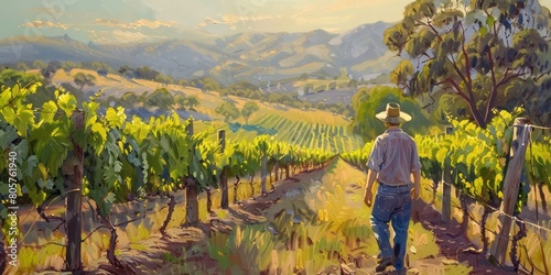 A farmer walks through the vineyards, with rolling hills in the background and rows of grapevines under soft morning light. photo