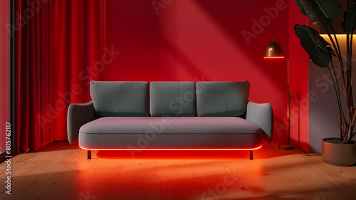 A couch with a red curtain behind it