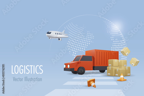 Logistic and worldwide shipping delivery service. Truck and airplane with cargo shipment boxes on road. Online shopping, delivery and logistic freight distribution shipment. 3D vector. photo