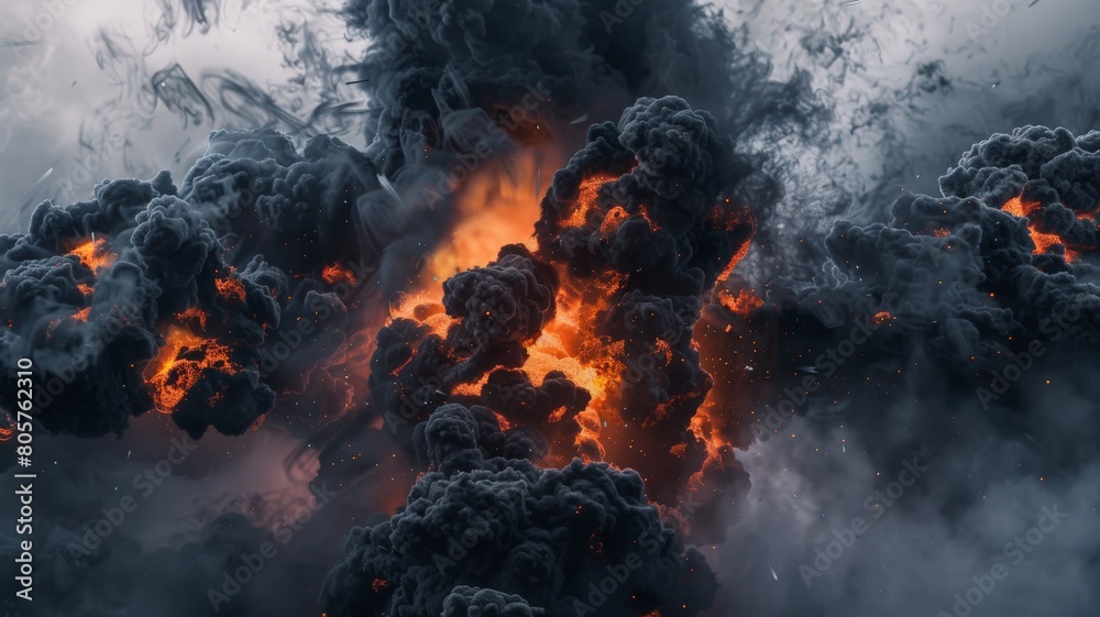 Delve into the heart of a fiery inferno with this mesmerizing image of a large fireball surrounded by billowing black smoke