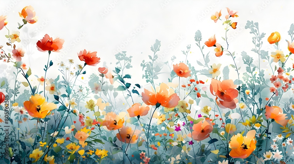 Vibrant Watercolor Wildflowers in Bloom on Serene Naturalistic Background