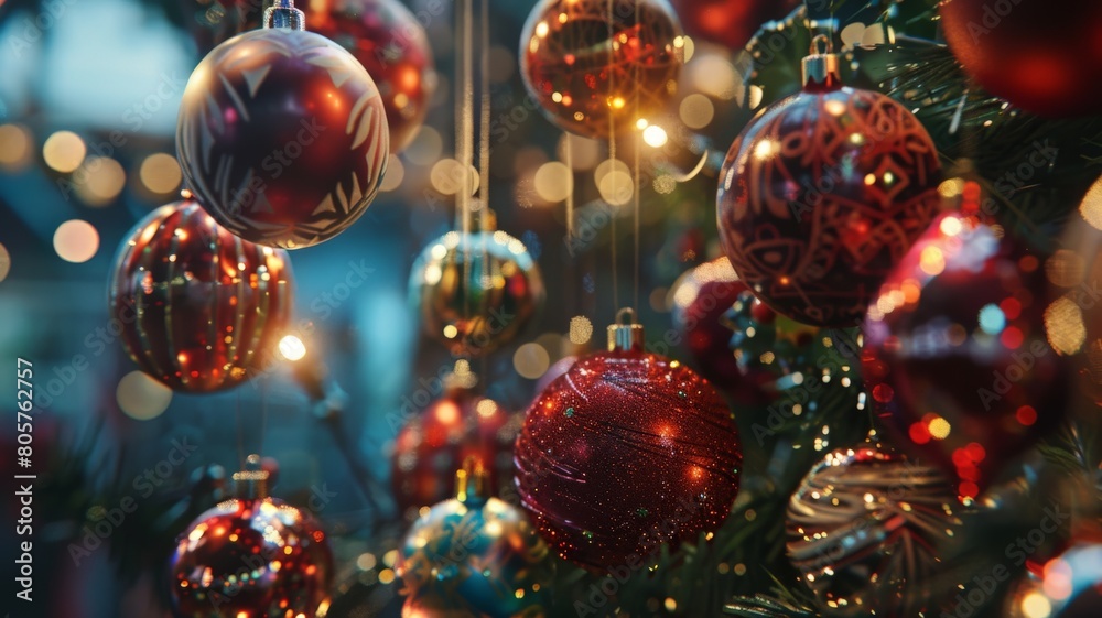 the merry ambiance of Christmas with a captivating scene of ornaments hanging gracefully against a blurred background