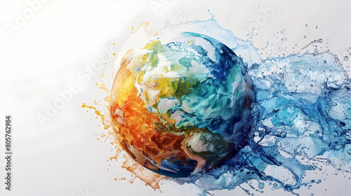 Watercolor Visualization of Global Climate Patterns,La Nia,and Sea Surface Temperatures on a Detailed 3D Rendered Earth Globe with a Cinematic photo