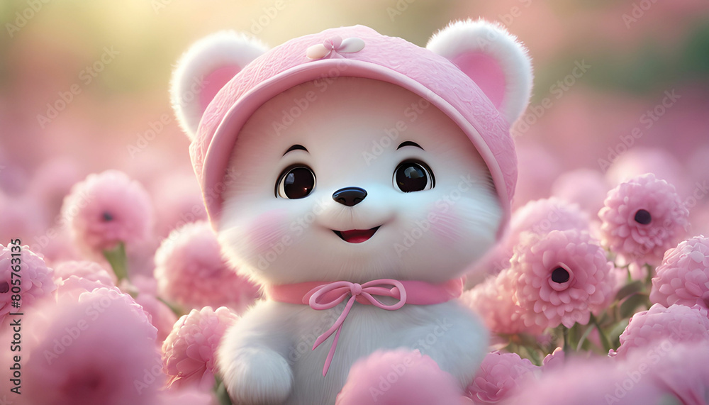 White bear, pink ears, wearing a hat, chrysanthemum garden. White bear, pink ears, wearing a hat, chrysanthemum garden.