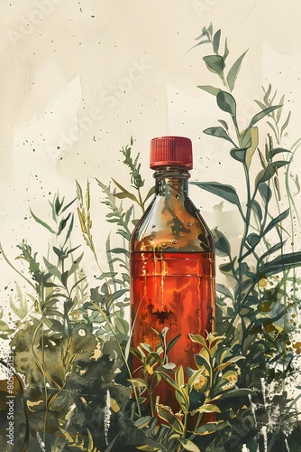 Watercolor of Natural Pest Control Measures with Organic Botanical Bottle