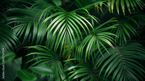 A close-up photograph captures the lush greenery of palm fronds or grasses in a tropical garden, showcasing their intricate details and vibrant colors. The image evokes a sense of tranquility and sere