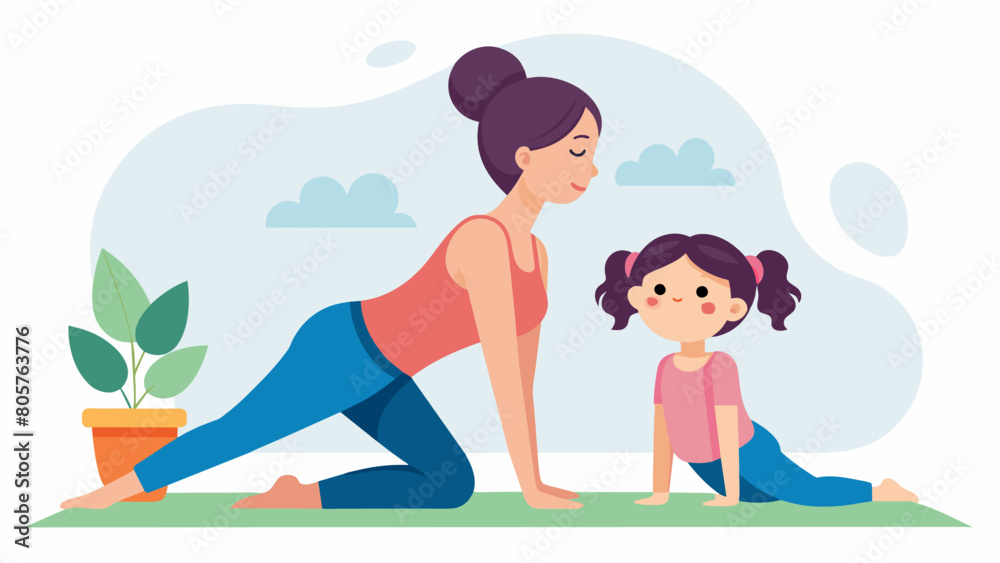 A young girl confidently demonstrating a downward dog pose while her mother proudly looks on beside her.. Vector illustration