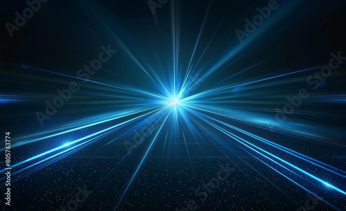 Blue laser beam light rays background with spotlight and glowing effect on dark black background