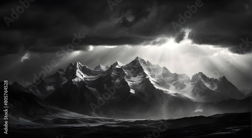 Black and White Photo Dark Mountain Range Under a Smoky Sky, Mountain Silhouette in Black and White Dark Sky and Rising Smoke, Monochrome Landscape Smoke Over a Dark Mountain Range, Stark Contrast 