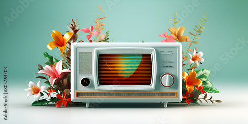 Vintage old radio receiver and antenna on table behind flowers on a blue background 