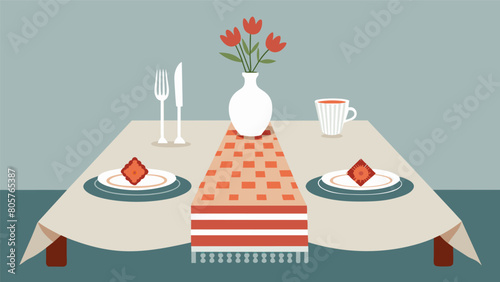A rusticchic table setting featuring a vintage linen tablecloth layered with mismatched patterned napkins and a handmade runner.. Vector illustration