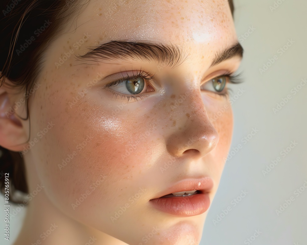 Generate a high-resolution image of a young woman with clear skin and freckles. She should have light brown hair and green eyes. The image should be well-lit and focus on her face. Generate a high-resolution image of a young woman with clear skin and freckles. She should have light brown hair and green eyes. The image should be well-lit and focus on her face.