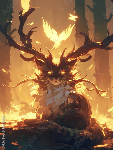 A serene render of a mythical woodland creature, combining elements of a cat and deer, with glowing antlers in the fading light of sunset, encapsulating natures enchantment photo