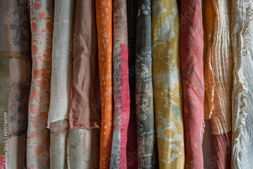 Textured surface of vintage fabric swatches, showcasing retro patterns and tactile textures. Vintage fabric swatch textures offer a nostalgic and tactile backdrop