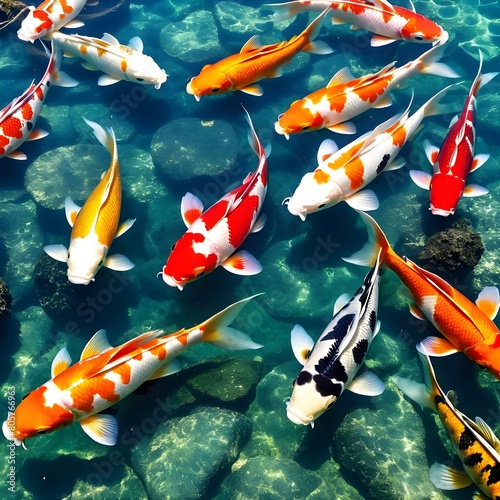 A colorful koi swims under the crystal water