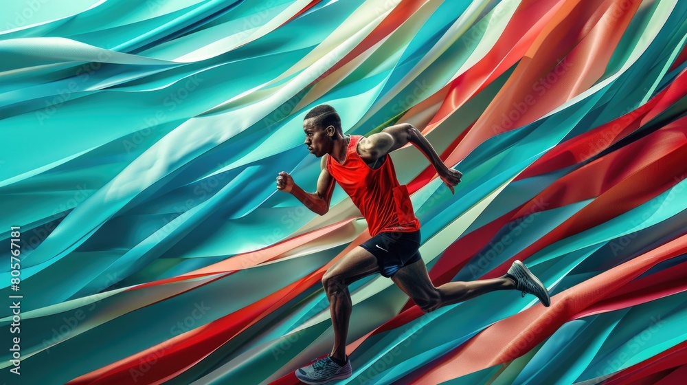 A male athlete sprints with grace through vibrant turquoise fabric strips, symbolizing resilience and energy