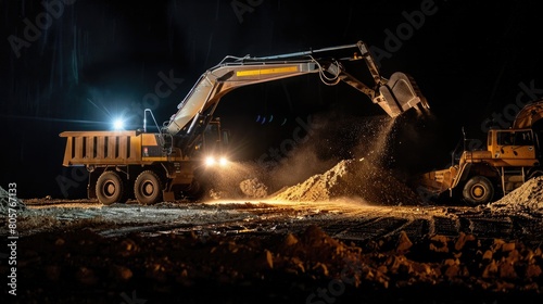 A backhoe diligently shoveling soil into a waiting truck, illuminated by flashes of light