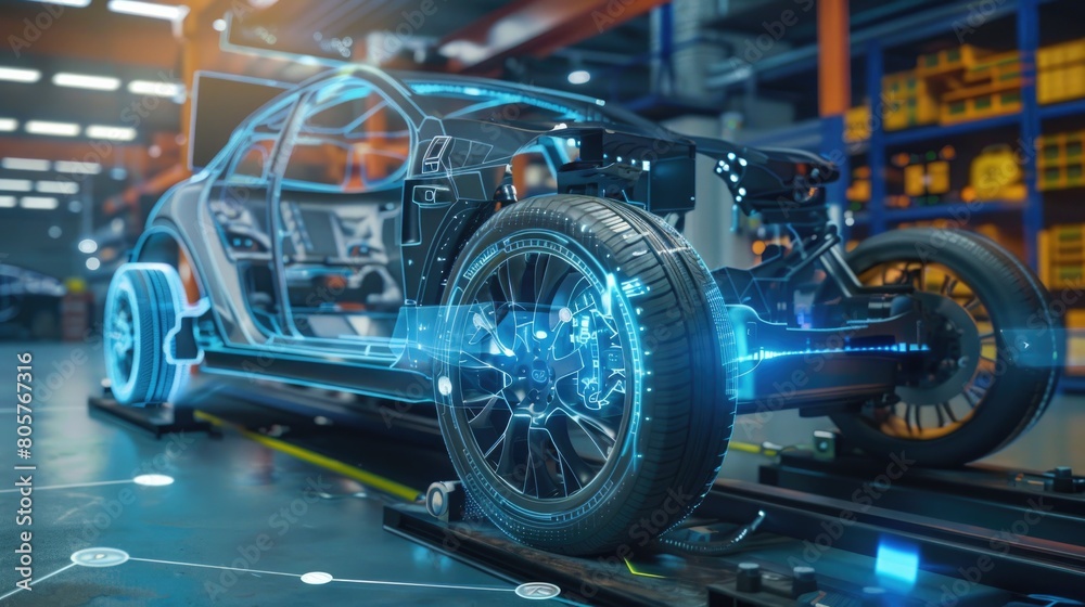 Fototapeta premium An AI-powered diagnostic tool scans electric vehicle components.