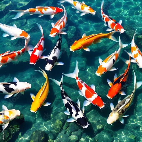 A colorful koi swims under the crystal water