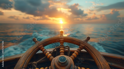 A captain's wheel with a blurred sea horizon, symbolizing steering and direction