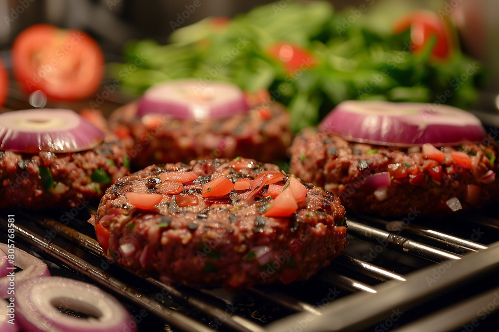 A man is cooking hamburgers on a grill with onions and tomatoes on top. The hamburgers are sizzling and the onions and tomatoes are being cooked as well. The scene is lively and appetizing A man is cooking hamburgers on a grill with onions and tomatoes on top. The hamburgers are sizzling and the onions and tomatoes are being cooked as well. The scene is lively and appetizing