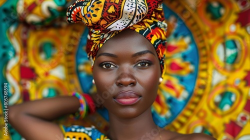 Portrait of an African woman with traditional attire set against a vibrant